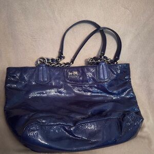 Coach Patent Leather Tote in Deep Blue with Chain-Accented Handles